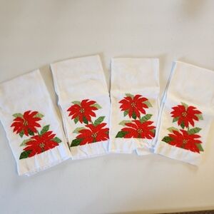 Vintage White Pointsettia Red Flower Christmas Napkins Table Linens Holiday